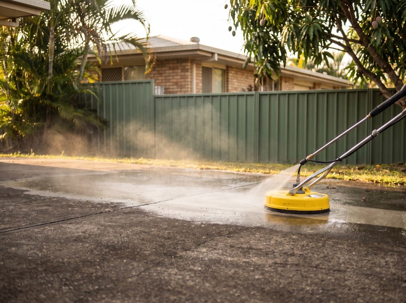 A rotary surface cleaner spraying water across a concrete driveway