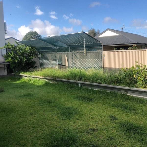 A mown lawn beside a green netted enclosure and steel edging