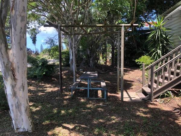 A timber pergola and picnic table under paperbark trees